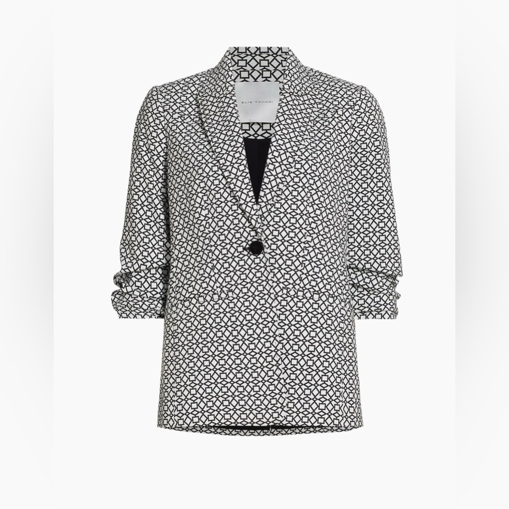 Elie Tahari Black & White Geometric Print 3/4 scrunched sleeve Blazer Size 8 - Picture 7 of 15